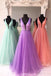 New Deep V-Neck Solid Tulle A-line Long Prom Dress With Beading