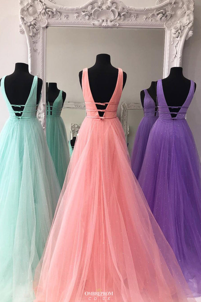 New Deep V-Neck Solid Tulle A-line Long Prom Dress With Beading