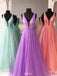 new deep v-neck solid tulle a-line long prom dress with beading dtp587