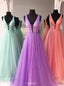 New Deep V-Neck Solid Tulle A-line Long Prom Dress With Beading