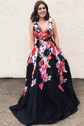 a-line v-neck floral print black long prom dress with pockets dtp607