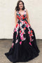 A-line V-neck Floral Print Black Long Prom Dress With Pockets
