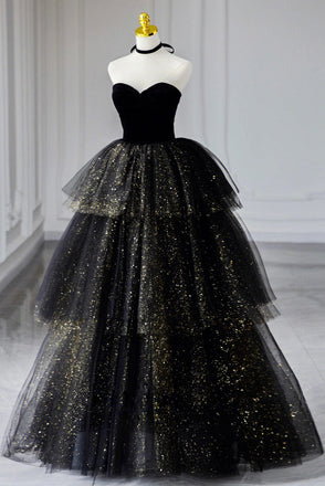 Off Shoulder Black Neck Tulle Sequin Prom Formal Evening Dresses