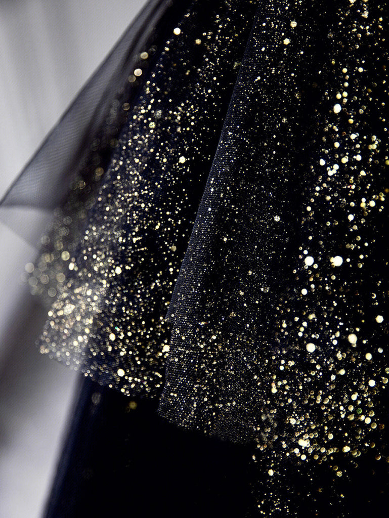 Off Shoulder Black Neck Tulle Sequin Prom Formal Evening Dresses