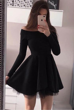 long sleeve black homecoming dresses off shoulder short prom dress dth304