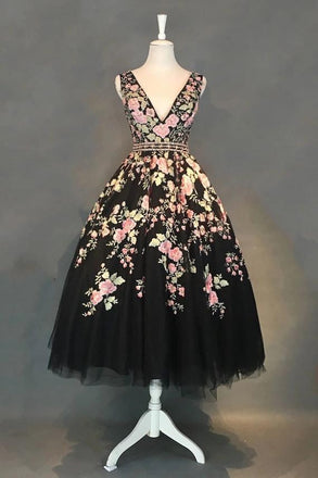 a-line v-neck black floral tea length prom dresses with beading dth293