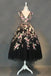a-line v-neck black floral tea length prom dresses with beading dth293