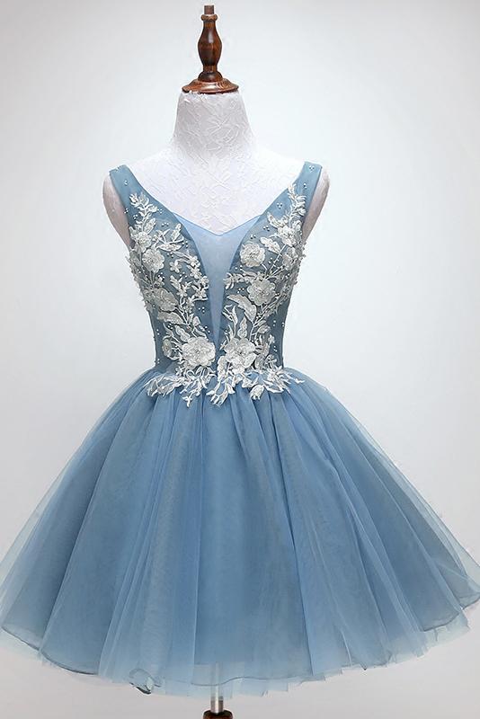 cute short graduation dress princess dusty blue floral homecoming dress dth285