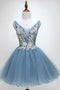 Princess Dusty Blue Floral Homecoming Dress, Cute Short Graduation Dress