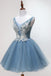 Princess Dusty Blue Floral Homecoming Dress, Cute Short Graduation Dress