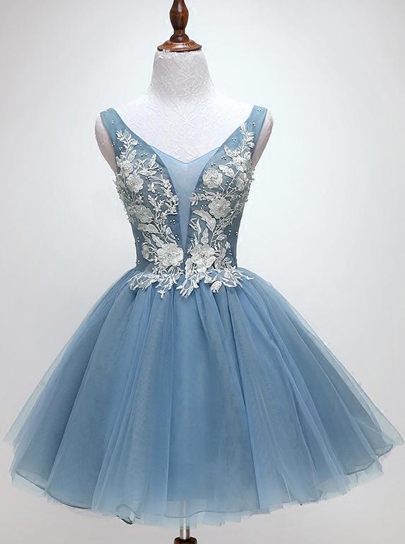 Princess Dusty Blue Floral Homecoming Dress, Cute Short Graduation Dress