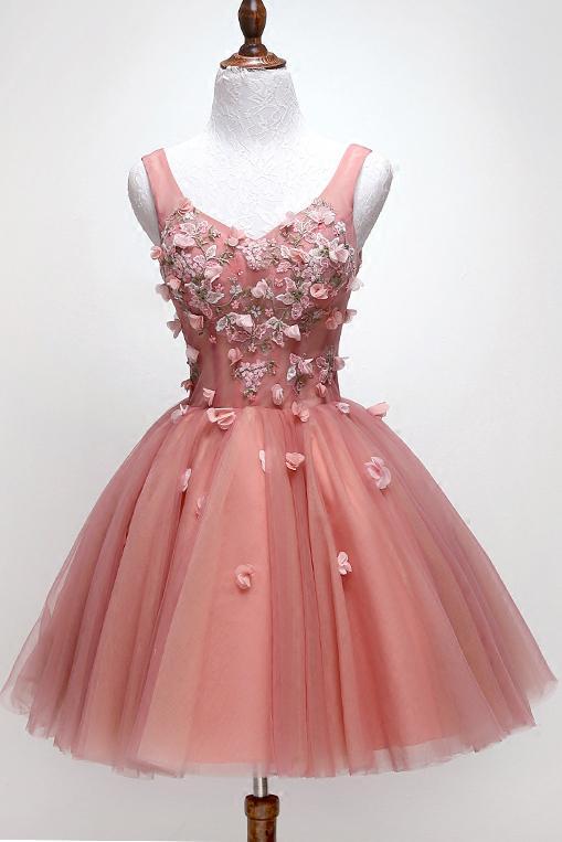 a-line v-neck peach homecoming dress chic floral appliques sweet 16 dress dth286