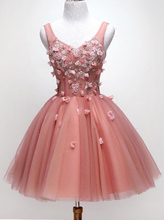 Chic Floral Appliques Sweet 16 Dress, A-line V-neck Peach Homecoming Dress