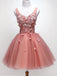 Chic Floral Appliques Sweet 16 Dress, A-line V-neck Peach Homecoming Dress
