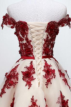 Chic Off Shoulder Short Sweet 16 Dress, Homecoming Dress With Burgundy Beaded Appliques