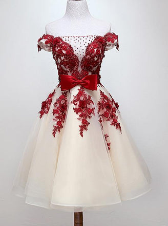 Chic Off Shoulder Short Sweet 16 Dress, Homecoming Dress With Burgundy Beaded Appliques