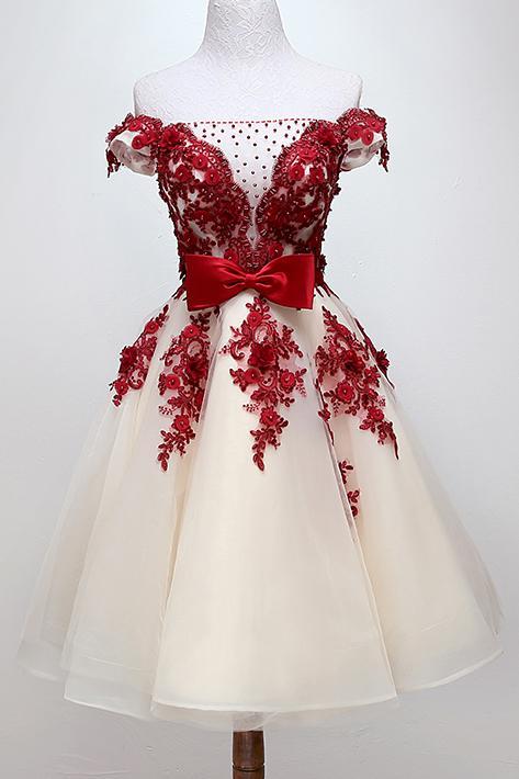 Homecoming Dress With Burgundy Beaded Appliques Chic Off Shoulder Short Sweet 16 Dress DTH291 DressTok.co.uk Homecoming Dress With Burgundy Beaded Appliques Chic Off Shoulder Short Sweet 16 Dress DTH291 DressTok.co.uk