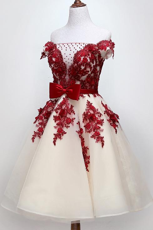 Chic Off Shoulder Short Sweet 16 Dress, Homecoming Dress With Burgundy Beaded Appliques