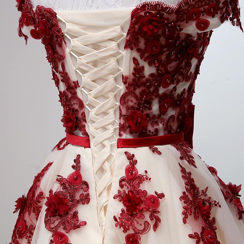 Chic Off Shoulder Short Sweet 16 Dress, Homecoming Dress With Burgundy Beaded Appliques