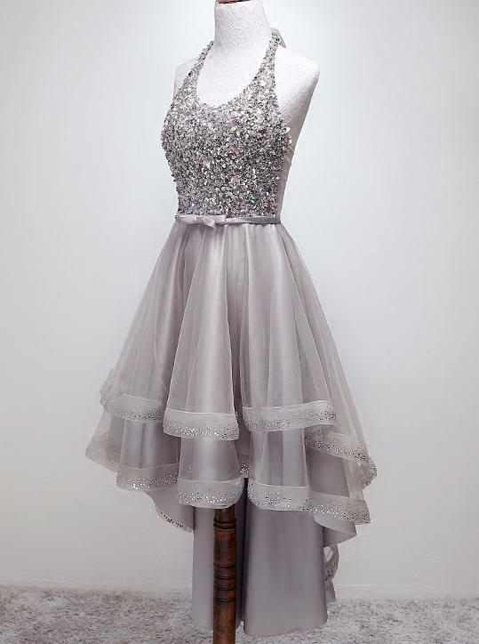 Sparkly Halter Sequins Bodice High-Low Prom Dress Tulle Homecoming Dress