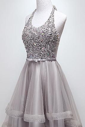 Sparkly Halter Sequins Bodice High-Low Prom Dress Tulle Homecoming Dress