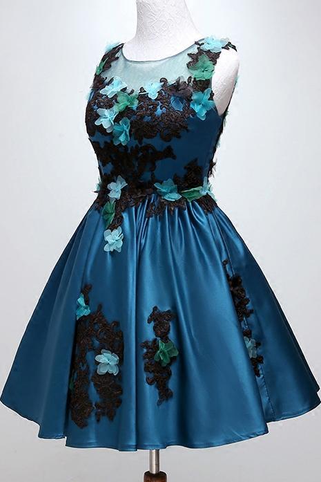 Round Neckline Satin Appliques Homecoming Dress, Dark Teal Party Dress