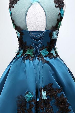 Round Neckline Satin Appliques Homecoming Dress, Dark Teal Party Dress