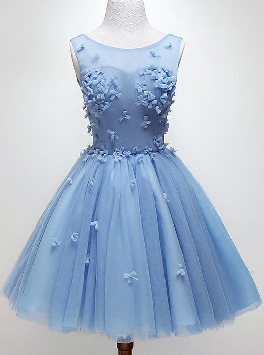 Handmade Bow Light Blue Homecoming Dress, Tulle Graduation Dress