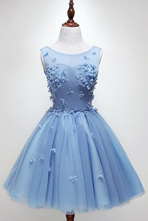 tulle graduation dress handmade bow light blue homecoming dress dth288