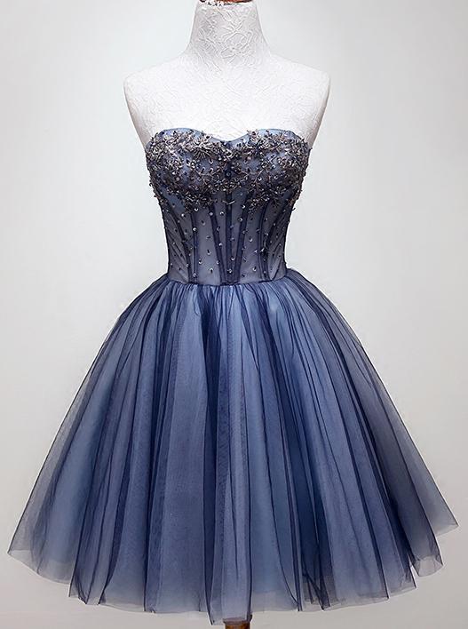 Sweetheart Beading Blue Homecoming Dress, Tulle Short Graduation Dress