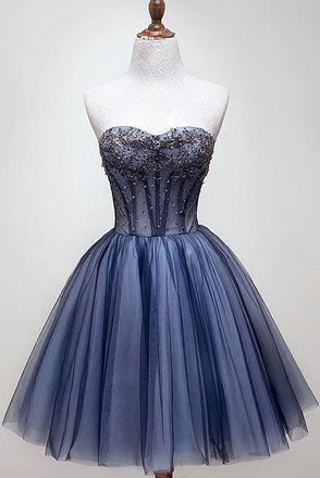 tulle short graduation dress sweetheart beading blue homecoming dress dth289