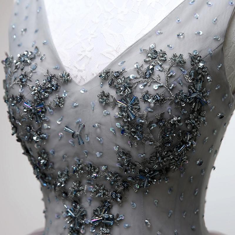 V-neck Beading Silver Short Prom Homecoming Dress Tulle Dance Dress