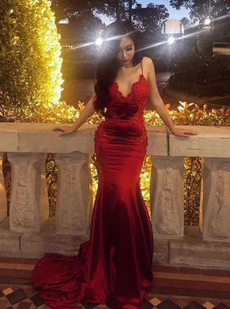 Spaghetti Straps Backless Prom Dress Mermaid Burgundy Long Evening Gown