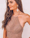 Halter Sleeveless Long Prom Dresses Satin Beaded Evening Dress