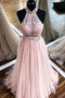 Chic Halter Formal Prom Dress Tulle Lace Appliques A Line Evening Dress