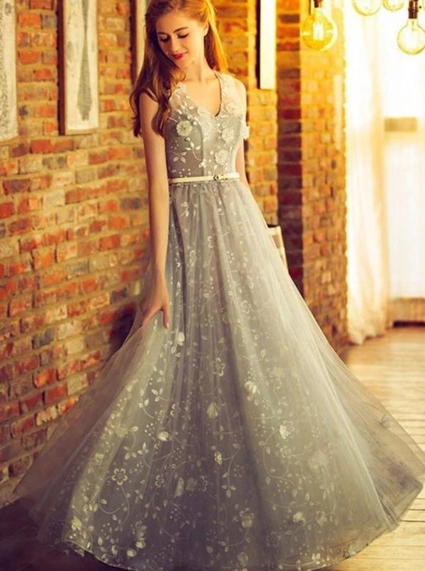 a-line silver long prom dress tulle v-neck formal dress dtp1000