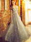 A Line Silver Long Prom Dress Tulle V-neck Formal Dress