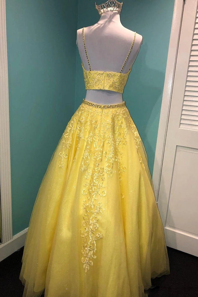 a-line v-neck daffodil two piece long prom dresses with applique beaded dtp972