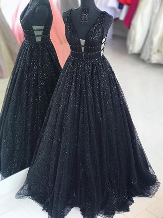 cheap v-neck sequins party dresses sparkly long a-line black prom dresses dtp1037