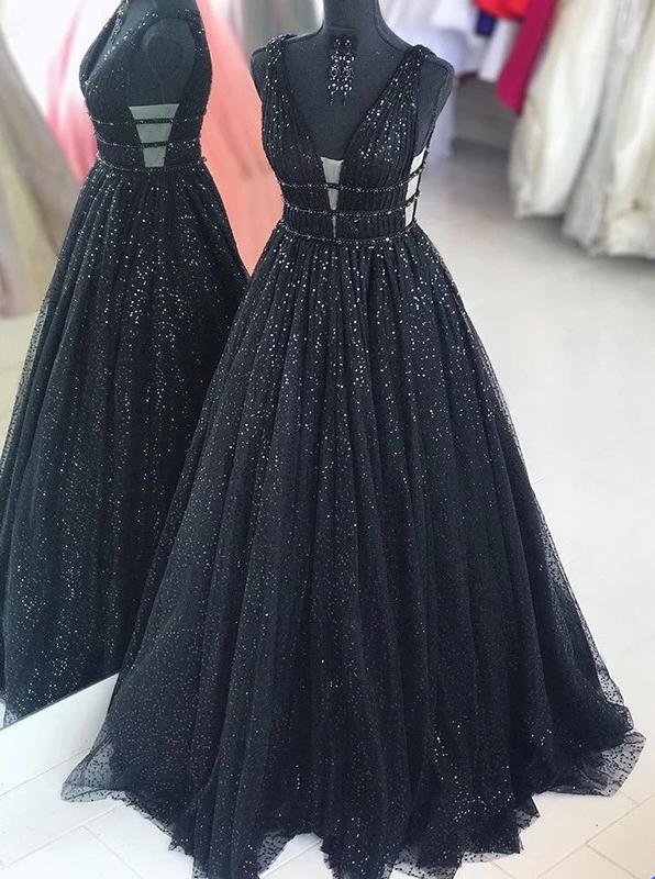 Cheap V-neck Sequins Party Dresses Sparkly Long A-Line Black Prom Dresses DTP1037 DressTok.co.uk Cheap V-neck Sequins Party Dresses Sparkly Long A-Line Black Prom Dresses DTP1037 DressTok.co.uk