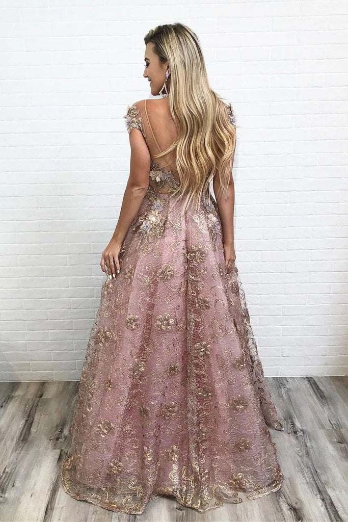 sheer round neck cap sleeves long prom dress with appliques dtp1035