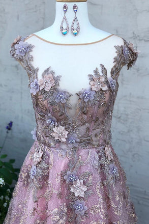 Sheer Round Neck Cap Sleeves Long Prom Dress With Appliques