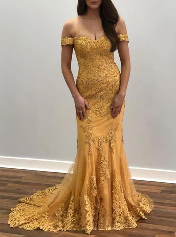 Off Shoulder Lace Appliques Mermaid Prom Dresses Gold Evening Dress