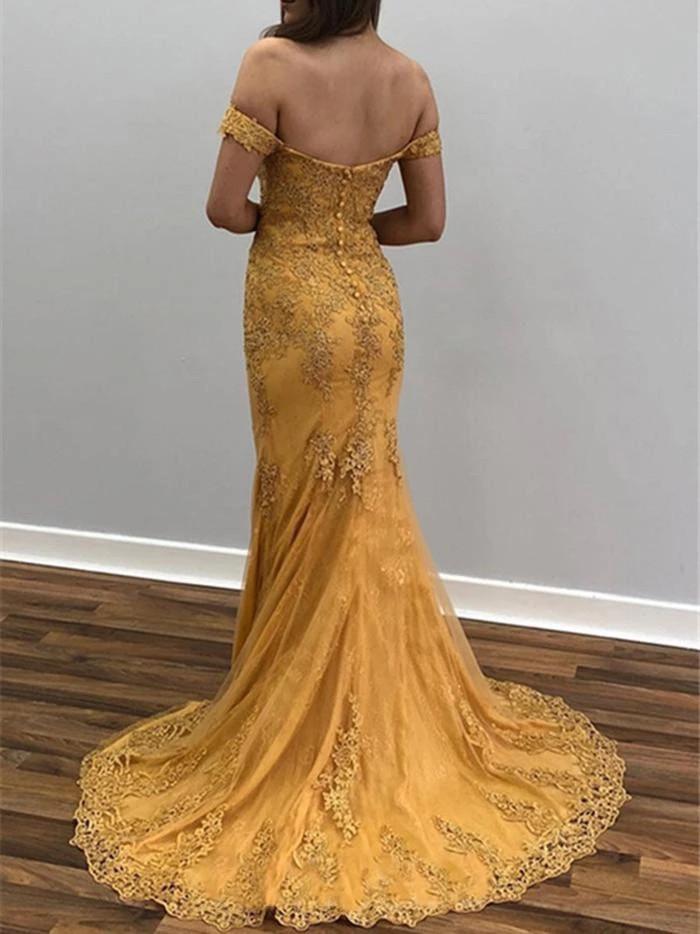 off shoulder lace appliques mermaid prom dresses gold evening dress dtp1041