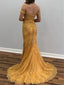 Off Shoulder Lace Appliques Mermaid Prom Dresses Gold Evening Dress