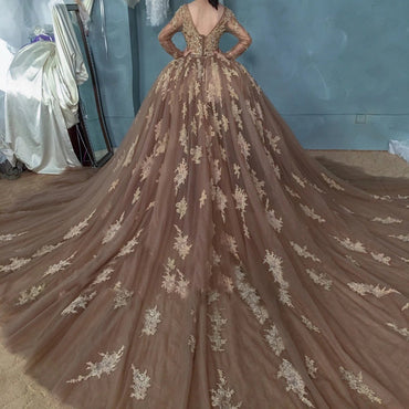 long sleeves evening dress vintage sheer neck ball gown prom dress dtp1040