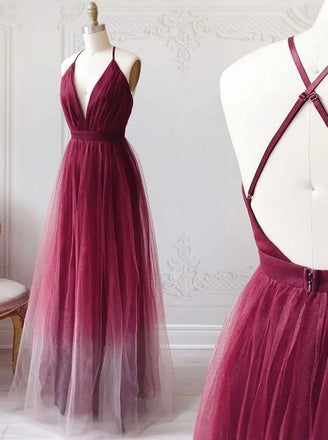 Burgundy V-neck Tulle Ombre Long Prom Dresses Backless Evening Dress