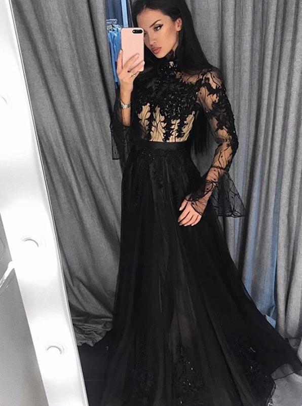 Black Lace Long Sleeve Prom Dresses Tulle High Neck Evening Dress