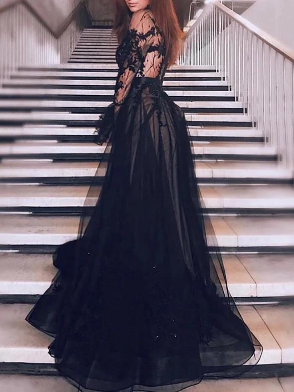black lace long sleeve prom dresses tulle high neck evening dress dtp1025