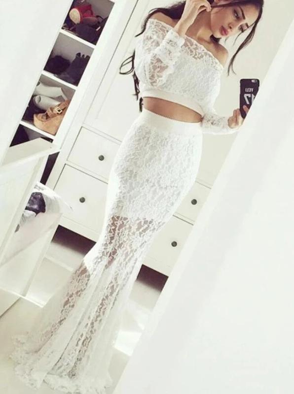 off shoulder long sleeves mermaid lace prom dresses two piece evening dress dtp1042